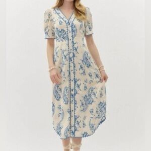 Entro Blue Floral Button-Front Midi Dress - Cream & Blue